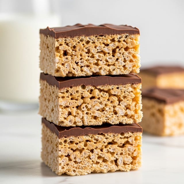 The image shows three square layers of a crispy rice treat stacked on top of each other. Each layer has two parts: the bottom part is a light tan color with a bubbly, crunchy texture made of puffed rice cereal, and the top part is a smooth, dark brown chocolate layer. The chocolate layer is thin and even, covering the entire top of each treat. The stack sits on a white marbled surface with a glass of milk blurred in the background, giving a soft, clean look. The edges of the treats look neat and firm, showing a clear separation between the crunchy base and the chocolate top. Photo taken with an iphone --ar 4:5 --v 7