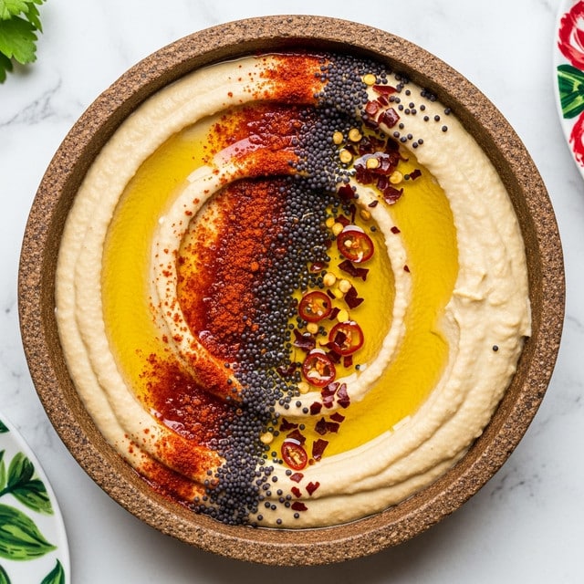A close-up view of a bowl filled with smooth beige hummus topped with a drizzle of golden olive oil and a line of red chili powder, black mustard seeds, and scattered red chili flakes, creating a textured and colorful garnish. The bowl is round with a rough, rustic brown outer surface, set on a white marbled textured background with hints of green and red floral designs just visible at the edges. photo taken with an iphone --ar 4:5 --v 7