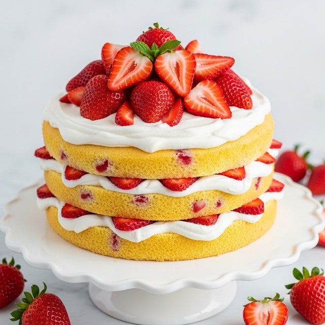 A three-layer yellow sponge cake stands on a white cake stand with a scalloped edge, each layer separated by thick white whipped cream and slices of fresh red strawberries. The top is covered with a thick layer of whipped cream and topped with a pile of halved and sliced bright red strawberries, with a small sprig of green mint leaves in the center. The cake layers have a light, soft texture with some strawberry pieces showing through the cream. Extra whole strawberries sit around the base on a white marbled surface. photo taken with an iphone --ar 4:5 --v 7