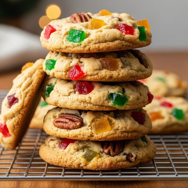 The image shows a stack of six thick, chunky cookies leaning slightly to one side, resting on a metal cooling rack placed on a wooden surface. Each cookie is full of bright red, green, and yellow candied fruit pieces mixed evenly throughout the golden-brown dough. The textures vary from smooth baked dough to the glossy, translucent fruit chunks and a few visible pecan halves that add a rough texture. The bottom cookie lies flat on the rack, with a colorful mix of candied fruits and nuts clearly seen in its slightly uneven surface. The background is softly blurred with warm light creating a cozy feel. photo taken with an iphone --ar 4:5 --v 7
