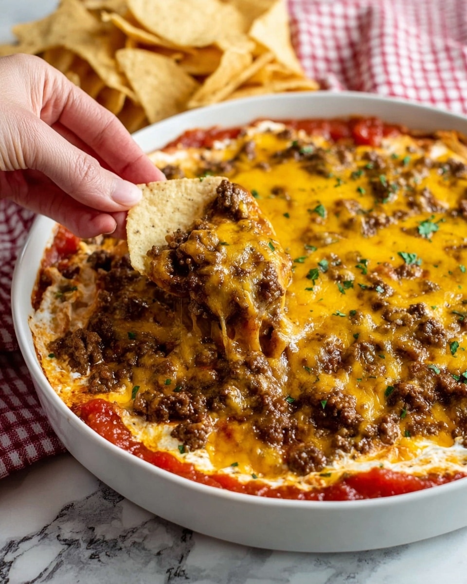 A white dish filled with a layered hot dip shows melted yellow cheese and browned ground beef on top, with bits of diced tomatoes visible underneath. The dip looks creamy and thick with a rich mix of textures, some oily spots shining on the surface. A woman's hand is holding a triangular corn chip dipped in the mixture, close to the camera, covered with the same cheesy beef topping. The background features a white marbled texture and a red and white checkered cloth is partially visible. Photo taken with an iphone --ar 4:5 --v 7