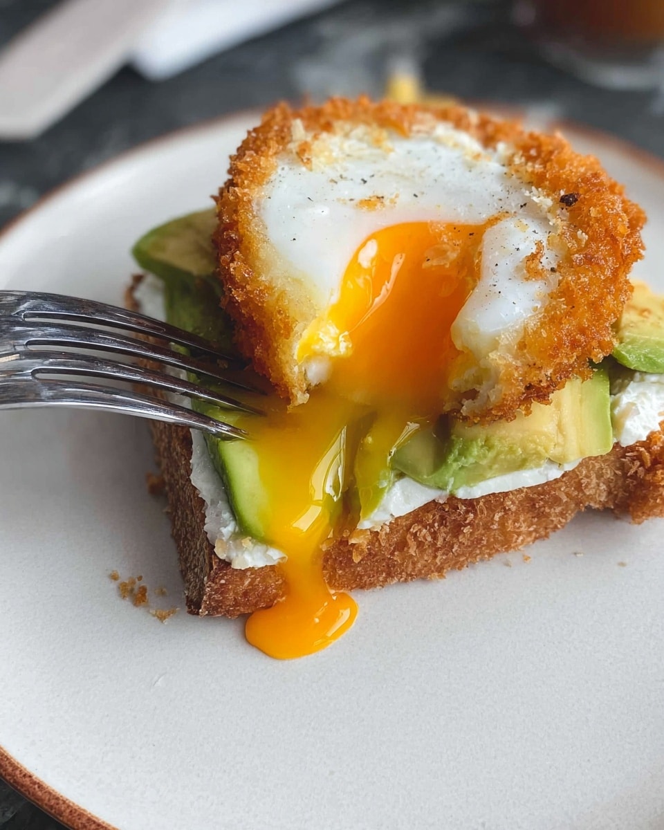 A close-up of a dish showing two golden-brown crispy fried egg pieces on top, with one broken open to reveal a rich, flowing orange yolk. Beneath the eggs, there is a layer of creamy green avocado spread over a thick piece of toasted bread. The dish is on a white plate with a subtle speckled texture, placed on a white marbled surface. A fork is holding one fried egg piece in place while a knife spreads the yolk. Some coarse salt is sprinkled over the eggs, adding texture. Photo taken with an iphone --ar 4:5 --v 7