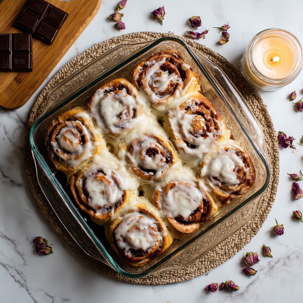 Nine cinnamon rolls are arranged closely in a square clear glass baking dish. Each roll has a visible spiral pattern of brown cinnamon filling and is topped with a thick, creamy white icing layer that drips slightly over the edges. The glass dish sits on a round woven mat, placed on a white marbled surface. Around the dish are some decorative dried rose petals and chocolate pieces on a wooden board. To the right, there is a lit candle in a clear glass holder. Photo taken with an iphone --ar 4:5 --v 7