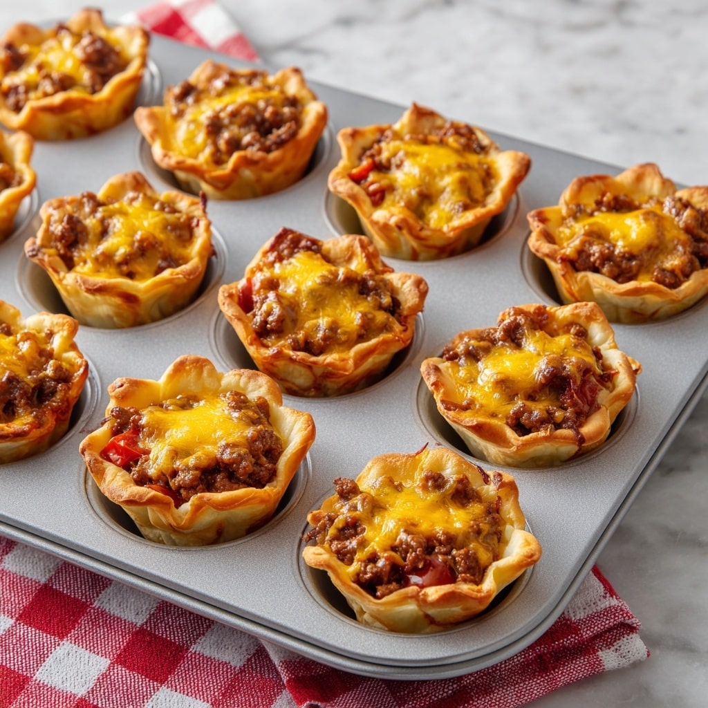 The image shows multiple crispy, golden brown taco cups arranged closely together on a white plate. Each taco cup has a crunchy shell that is lightly browned and shaped like a small bowl. Inside each shell, there is a layer of cooked ground beef mixed with beans, topped with shredded yellow cheese that slightly melts into the beef. On top of this, there is a dollop of creamy, white sour cream in the center of each cup, garnished with small diced red tomatoes and slices of green onions scattered around. The plate is placed on a white marbled surface, making the colors of the food stand out vividly. photo taken with an iphone --ar 4:5 --v 7