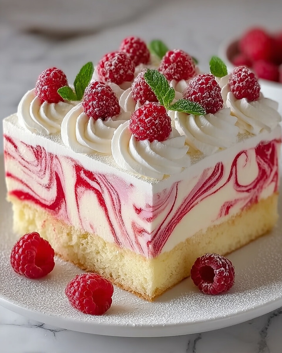 A square slice of cake with four visible layers sits on a white round plate placed on a white marbled surface. The bottom layer is a light yellow sponge cake. Above it is a creamy white layer with a red swirl pattern creating a marble effect. The third layer is white cream mixed with small dark red fruit pieces. On top, thick white whipped cream is piped in rosettes around the edge, each topped with a fresh red raspberry and two mint leaves in the center. The whole cake has a light dusting of powdered sugar. Photo taken with an iphone --ar 4:5 --v 7