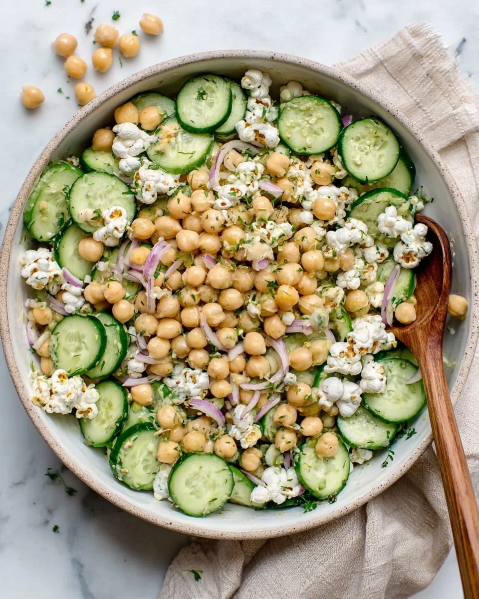The image shows a bowl of salad with three layers of ingredients mixed together. The bottom and middle layers consist of green chopped cucumbers and celery, creating a fresh and crunchy texture. The top layer has light yellow chickpeas scattered evenly, adding a slightly round and firm texture. The salad is dressed with a creamy white sauce that coats all the ingredients, making the mix look smooth and moist. A white bowl holds the salad, and a spoon is placed inside the bowl on the left side, held by a woman's hand. The background is a white marbled surface. Photo taken with an iphone --ar 4:5 --v 7