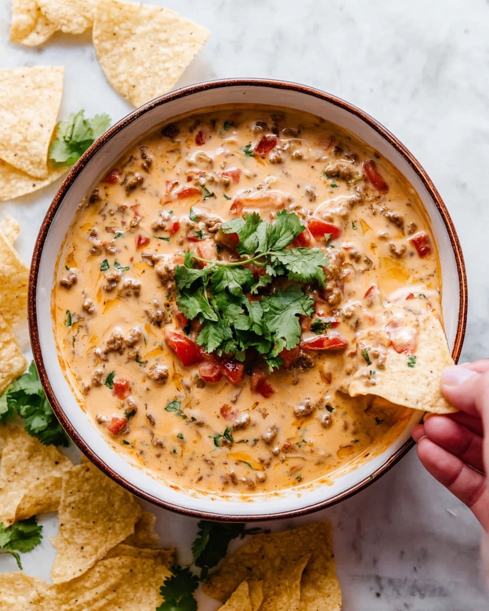 A white bowl filled with creamy cheese dip layered with chunks of soft, melted cheese, bits of green herbs, and small pieces of red tomatoes, with a garnish of fresh green cilantro leaves on one side. On top of this base layer, there is a scooping white tortilla chip covered in thick, cheesy dip, held by a woman's hand dipping into the bowl. The creamy dip has a smooth, slightly chunky texture with a warm, golden-yellow color mixed with bits of red and green. The bowl is placed on a white marbled surface. photo taken with an iphone --ar 4:5 --v 7