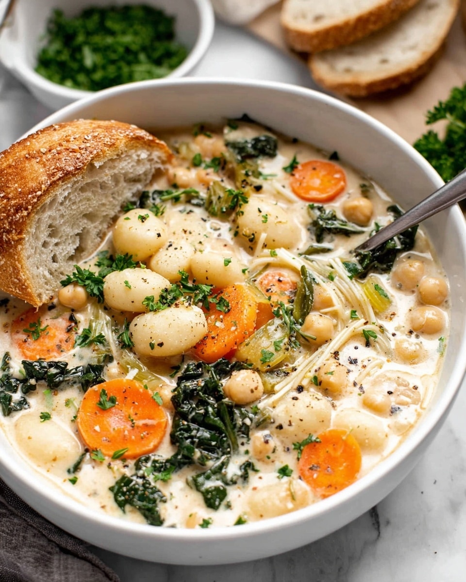 A white bowl filled with a creamy soup showing three main layers: the thick white cream broth on the bottom, mixed with small round gnocchi that are off-white and soft in texture throughout the soup, bright orange carrot slices, pale green celery pieces, light beige chickpeas, and dark green kale leaves scattered evenly. Onion slices and thin noodles add a light yellow texture near the top. The soup is garnished with fresh bright green parsley and some black pepper sprinkled on top. A piece of rustic light brown bread rests on the edge of the bowl. A silver spoon is partly visible, dipping into the soup. The bowl sits on a white marbled surface, with a small white bowl of chopped parsley and sliced bread in the background. photo taken with an iphone --ar 4:5 --v 7