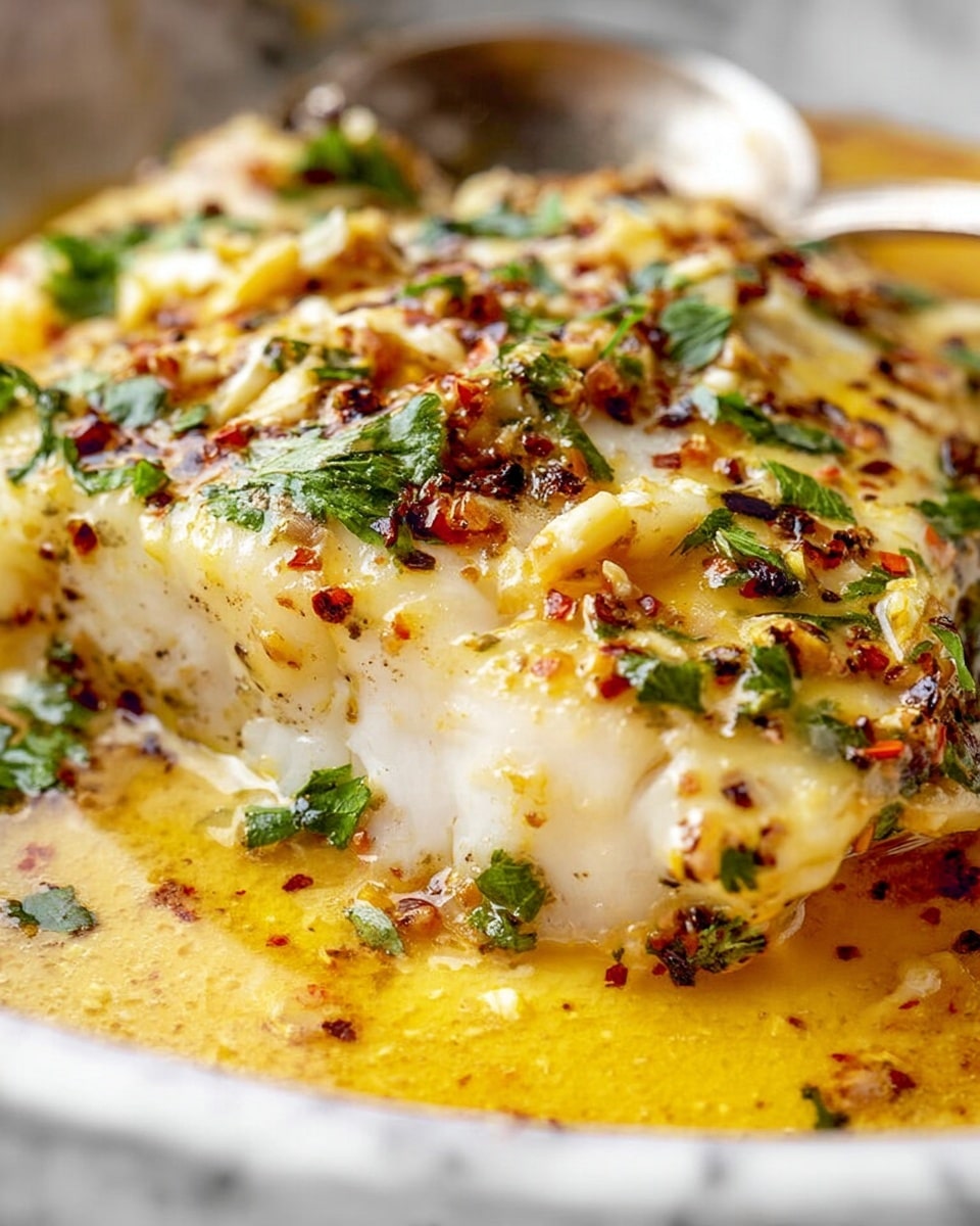 The image shows a close-up of four cooked fish fillets in a white shallow bowl, each fillet slightly browned and topped with small bits of garlic and green herbs. There are three thin lemon slices placed on and around the fish, adding bright yellow color. The fillets sit in a golden-yellow buttery sauce with visible specks of herbs and seasoning spread throughout. A silver spoon is partially visible in the dish, resting near the top right corner. The background features a white marbled surface. photo taken with an iphone --ar 4:5 --v 7