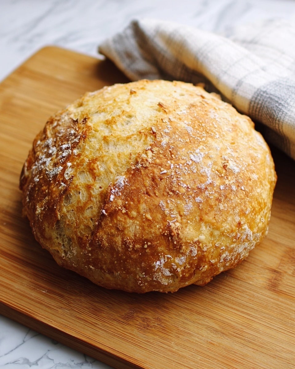 The image shows a round loaf of bread with a golden brown crust that looks crispy and slightly cracked on top. The bread has a rough texture with some flour dusted on the surface. It is placed on a wooden cutting board with a white and gray checkered cloth in the background. The setting is on a white marbled textured surface. photo taken with an iphone --ar 4:5 --v 7