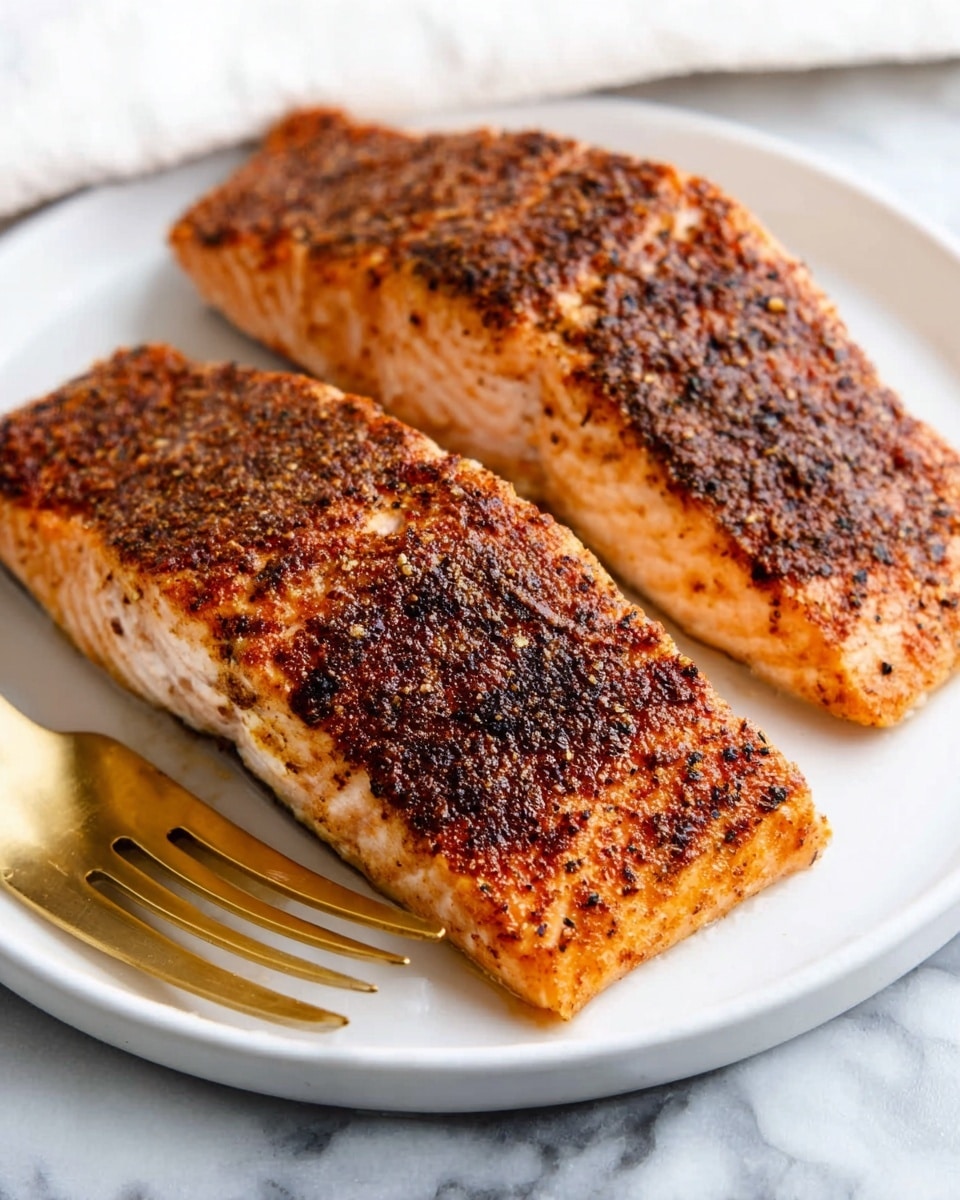 The image shows two pieces of cooked salmon fillets placed side by side on a white plate. The top layer of the salmon has a crispy, dark brown crust with visible spices. The fish underneath shows a light, pale orange color with a slightly moist texture. There is a gold fork on the left side of the plate, resting close to the salmon pieces. The background has a white marbled texture. Photo taken with an iphone --ar 4:5 --v 7