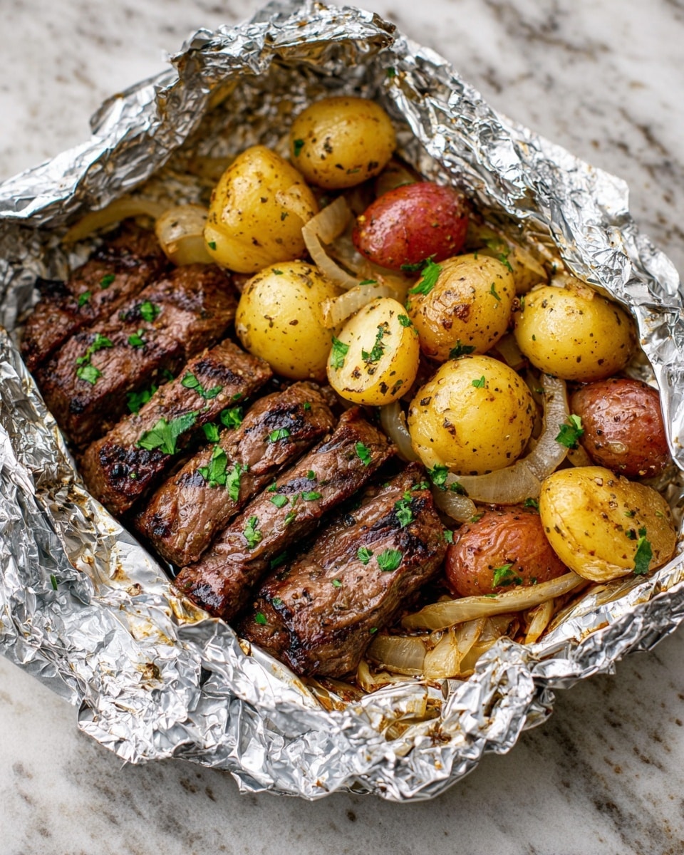 The image shows a foil packet opened to reveal the contents inside, placed on a white marbled surface. Inside the foil, there are four pieces of grilled steak, dark brown with visible grill marks and garnished with small green parsley flakes, positioned on the left side. Next to the steak, on the right side, are golden and red baby potatoes cut in halves, with a slight crispy texture and sprinkled with herbs and small black pepper bits. Mixed around the potatoes and steak are sautéed yellowish onion slices that are soft and lightly browned. The foil packet is crinkled and shiny, reflecting light as it holds the food neatly together. Photo taken with an iphone --ar 4:5 --v 7