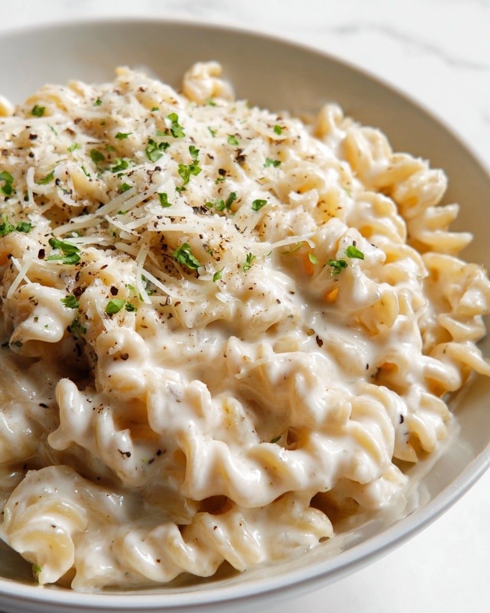 A close-up view of a creamy pasta dish served in a white bowl, with a single layer of curly, light beige pasta coated evenly in a smooth, white cheese sauce. The pasta is topped with small sprinkles of finely chopped green herbs and light shreds of grated cheese, along with a few scattered pieces of cracked black pepper, adding texture and color contrast against the creamy sauce. The background shows a white marbled surface. photo taken with an iphone --ar 4:5 --v 7