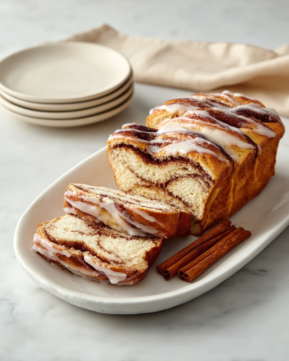 A freshly baked bread loaf with a golden-brown crust sits in a rectangular cream baking dish at the center. The loaf is topped with thick white icing drizzled in zigzag lines across the surface. The baking dish is placed on a soft beige knitted cloth over a white marbled surface. To the left, there is a small cream pitcher filled with dark brown sauce, and a cream teapot with a small spout is partially visible. On the top right, a smaller cream cup contains more dark brown sauce. To the far right edge, a wooden cutting board and a small green plant with long leaves add a natural touch to the setting. Photo taken with an iphone --ar 4:5 --v 7