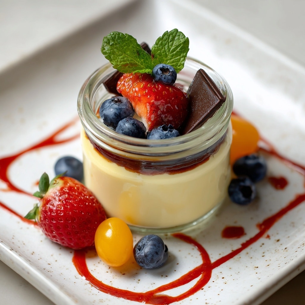 A small clear glass jar holds a layered dessert with three visible layers: a bottom crumbly brown layer, a thick creamy off-white layer above it, and another crumbly brown layer in the middle, topped with a smooth creamy layer. On top, there is a half of a bright red strawberry with green leaves, a small round dark blueberry, and some small dark chocolate pieces sprinkled near the fruits. Around the jar, on a white marbled surface, are scattered whole blueberries, a small half strawberry facing down, and a few red syrup lines curving across the surface. In the background, part of a red and white checkered cloth is visible. photo taken with an iphone --ar 4:5 --v 7