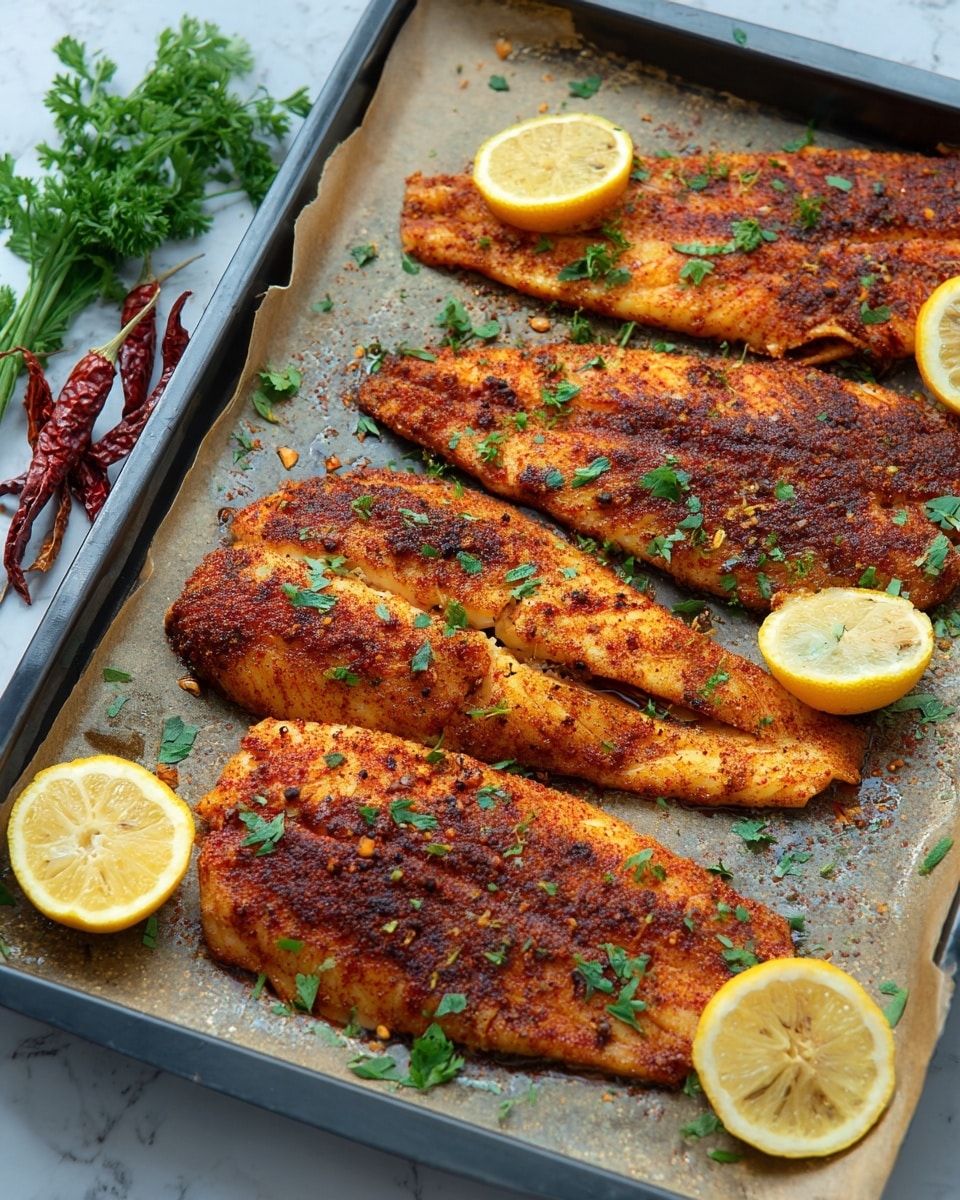 The image shows a tray with five pieces of cooked fish fillets, each covered with a reddish-brown spice coating and garnished with small green herb pieces. The fish fillets are arranged on a piece of parchment paper on a black tray. There are three slices of lemon placed among the fillets, with their yellow color and texture clearly visible. The background features a bunch of green parsley and some dried red spices. The overall scene is set on a white marbled surface. photo taken with an iphone --ar 4:5 --v 7