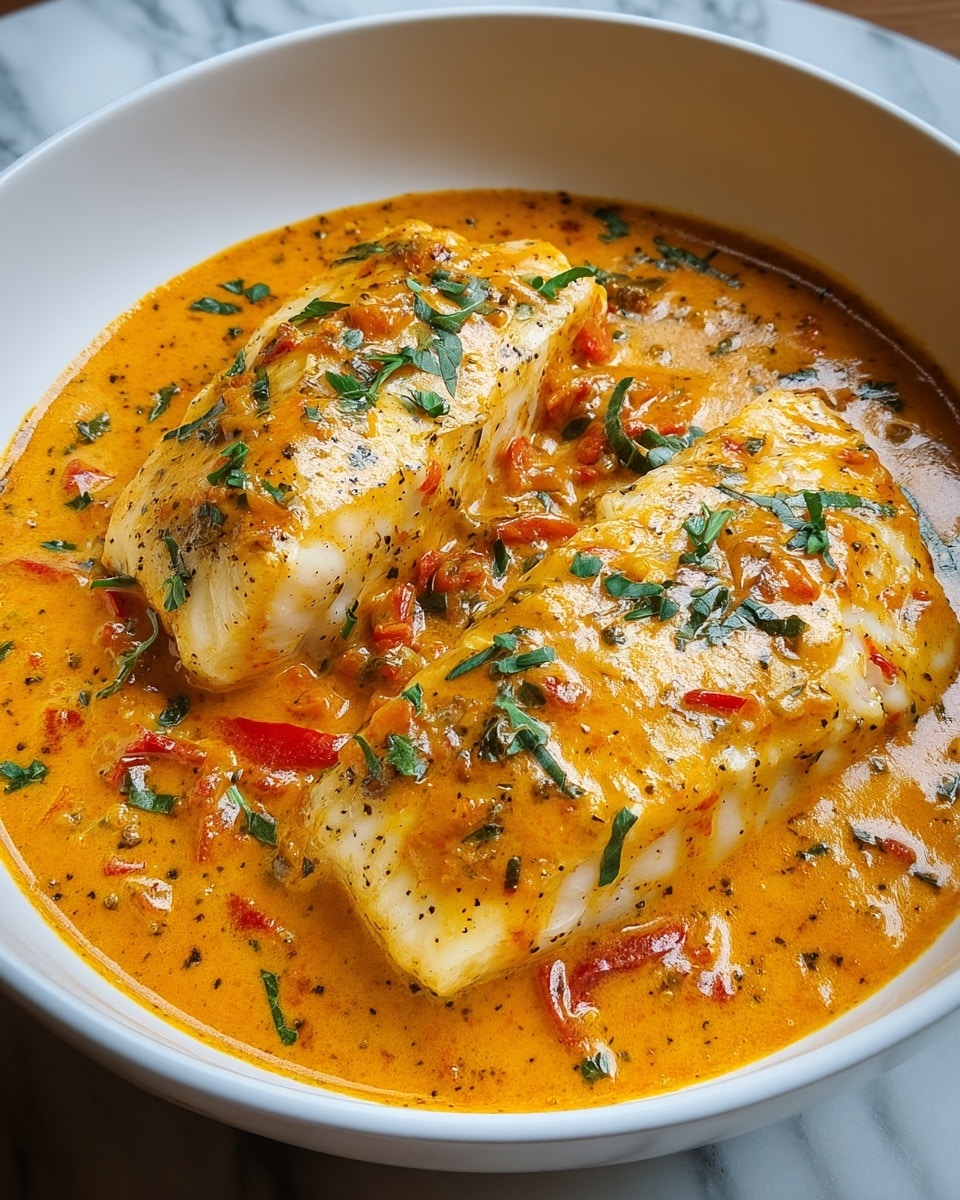 A white bowl filled with a creamy orange sauce that has a smooth texture and visible herbs mixed in, covering two thick, white fish fillets placed side by side in the center. The fillets are slightly browned with black pepper sprinkled on top. Within the sauce, there are small pieces of red bell pepper and green herbs. The dish is garnished with fresh green parsley scattered on the fish and sauce. The bowl is set on a white marbled surface. photo taken with an iphone --ar 4:5 --v 7
