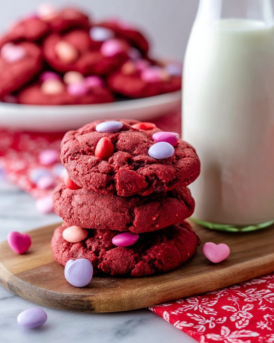 A close-up of a round red cookie held delicately between a woman's thumb and index finger against a white marbled background, showing bursts of bright red and pink candy-coated chocolates embedded on its rough, cracked surface; in the blurred background, several more red cookies with similar candy pieces rest on a white cooling rack. photo taken with an iphone --ar 4:5 --v 7