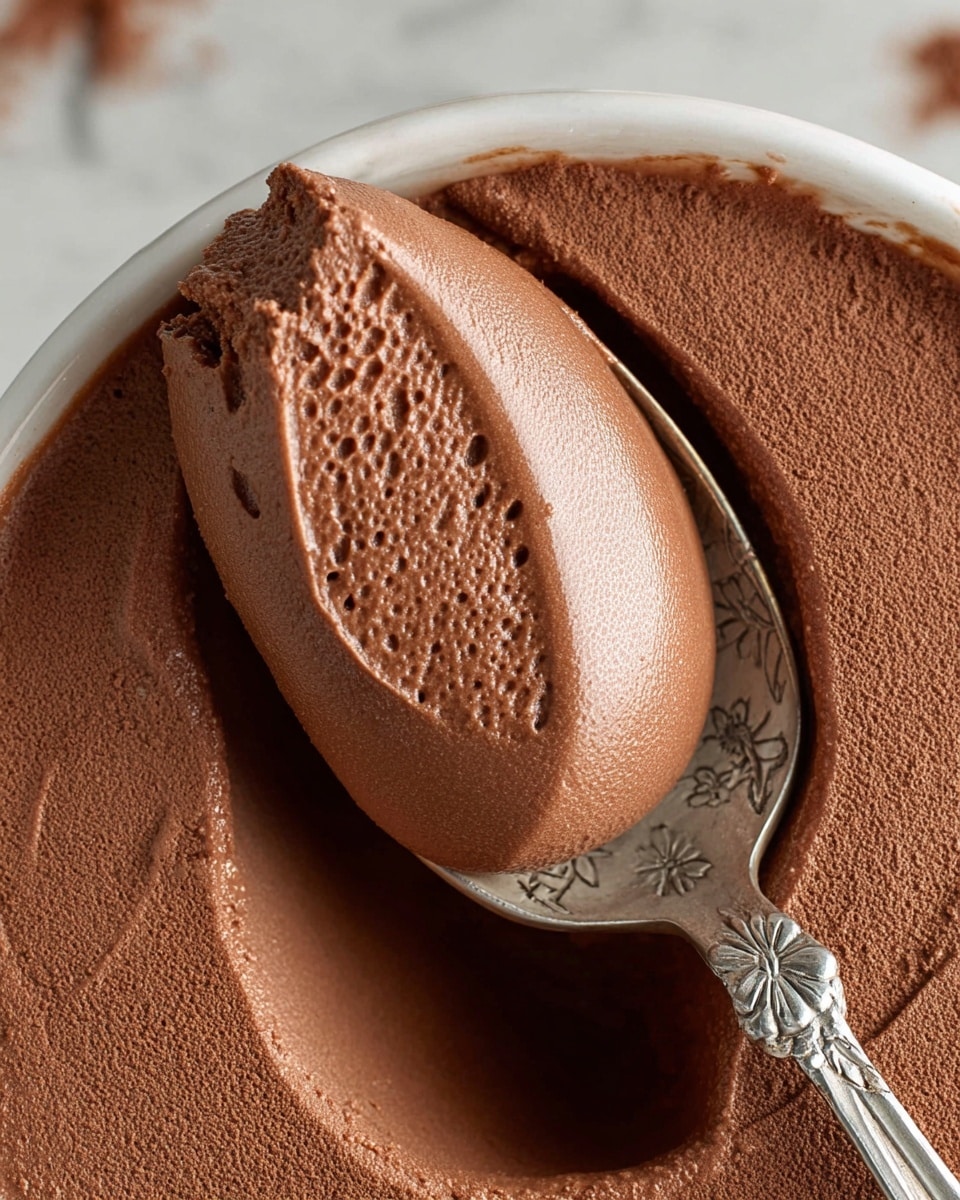 A close-up view of a rich, smooth chocolate mousse being scooped by a silver spoon with floral engravings, showing one thick, creamy layer of dark brown mousse with a soft, velvety texture and slight air bubbles around the edges on a white marbled surface; the mousse has a glossy finish with subtle knife marks and looks light and airy. photo taken with an iphone --ar 4:5 --v 7