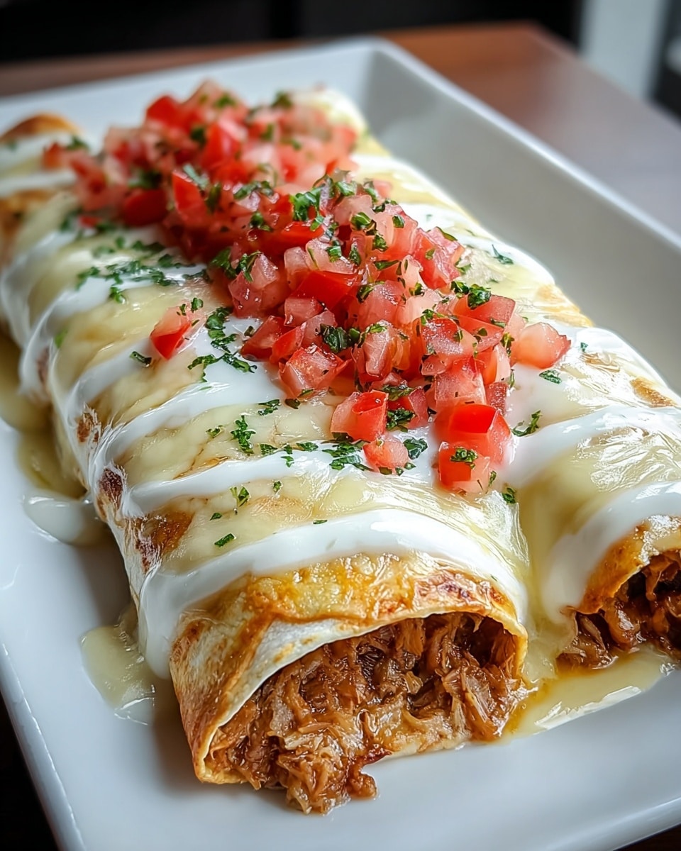 The dish shows two rolled tortillas filled with a textured, light brown cooked meat mixture visible at the ends, placed side by side on a white rectangular plate. The top of the tortillas is covered with a thick, smooth layer of melted white cheese sauce with hints of creamy yellow, flowing over the edges. On top, there is a layer of finely chopped bright red tomatoes mixed with small green herb pieces scattered over the cheese. The white marbled texture is visible in the blurred background around the plate. photo taken with an iphone --ar 4:5 --v 7