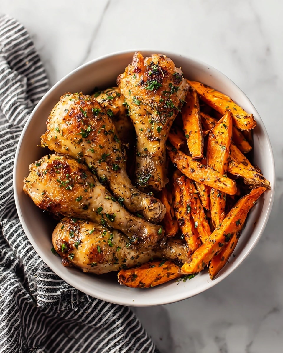 A white bowl filled with six golden brown roasted chicken drumsticks, each coated with a shiny glaze and sprinkled with chopped green herbs, arranged mostly on the left side. On the right side of the bowl, there is a generous pile of crispy, thick-cut sweet potato fries, their color a warm orange with some charred spots. The bowl rests on a white marbled surface next to a black and white striped cloth. The lighting highlights the crispy texture of the chicken skin and the edges of the fries. photo taken with an iphone --ar 4:5 --v 7