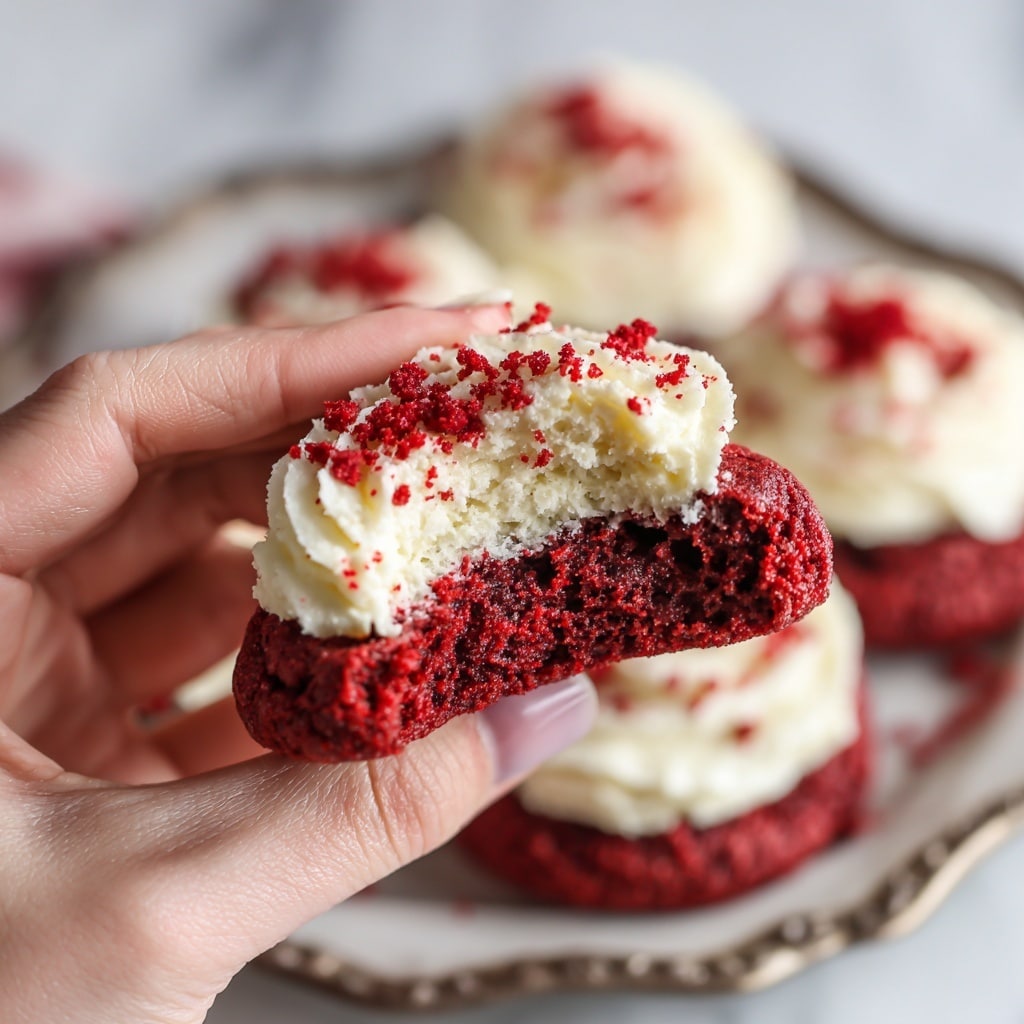 The image shows four red cookies with a rough sugar-coated texture forming the base layer, each with a round hollow center filled with smooth, creamy white frosting. On top of this filling are two small dollops of fluffy white cream, sprinkled lightly with red crumbs matching the color and texture of the cookie base. The cookies are placed closely together on a white plate with thin red rings near the edge and red text along one side. The surface beneath the plate has a white marbled texture. Photo taken with an iphone --ar 4:5 --v 7