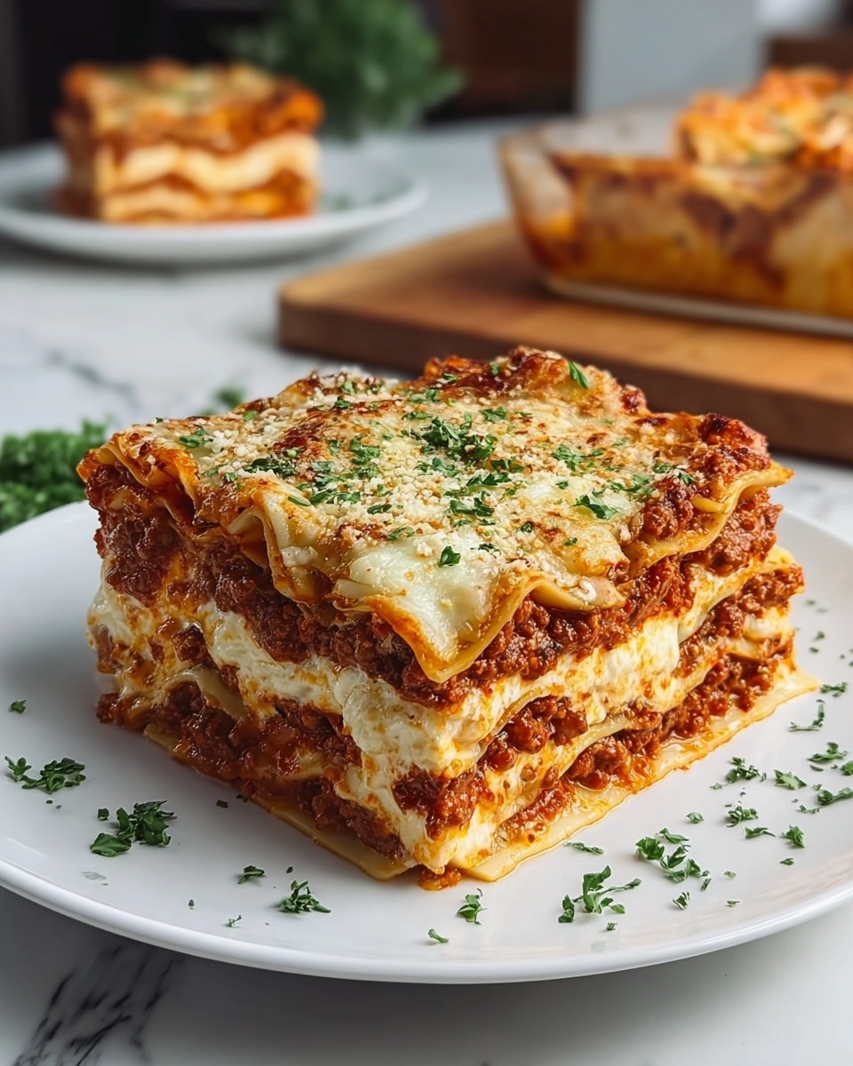 A close-up of a thick slice of lasagna with five visible layers on a white square plate, showing alternating smooth pale yellow pasta sheets, reddish-brown meat sauce with a chunky texture, and creamy white cheese layers. The top is browned and bubbly with melted cheese covered in small green parsley flakes. In the background, there is another plate with a similar slice and a large glass baking dish filled with the rest of the lasagna, all set on a white marbled surface. photo taken with an iphone --ar 4:5 --v 7