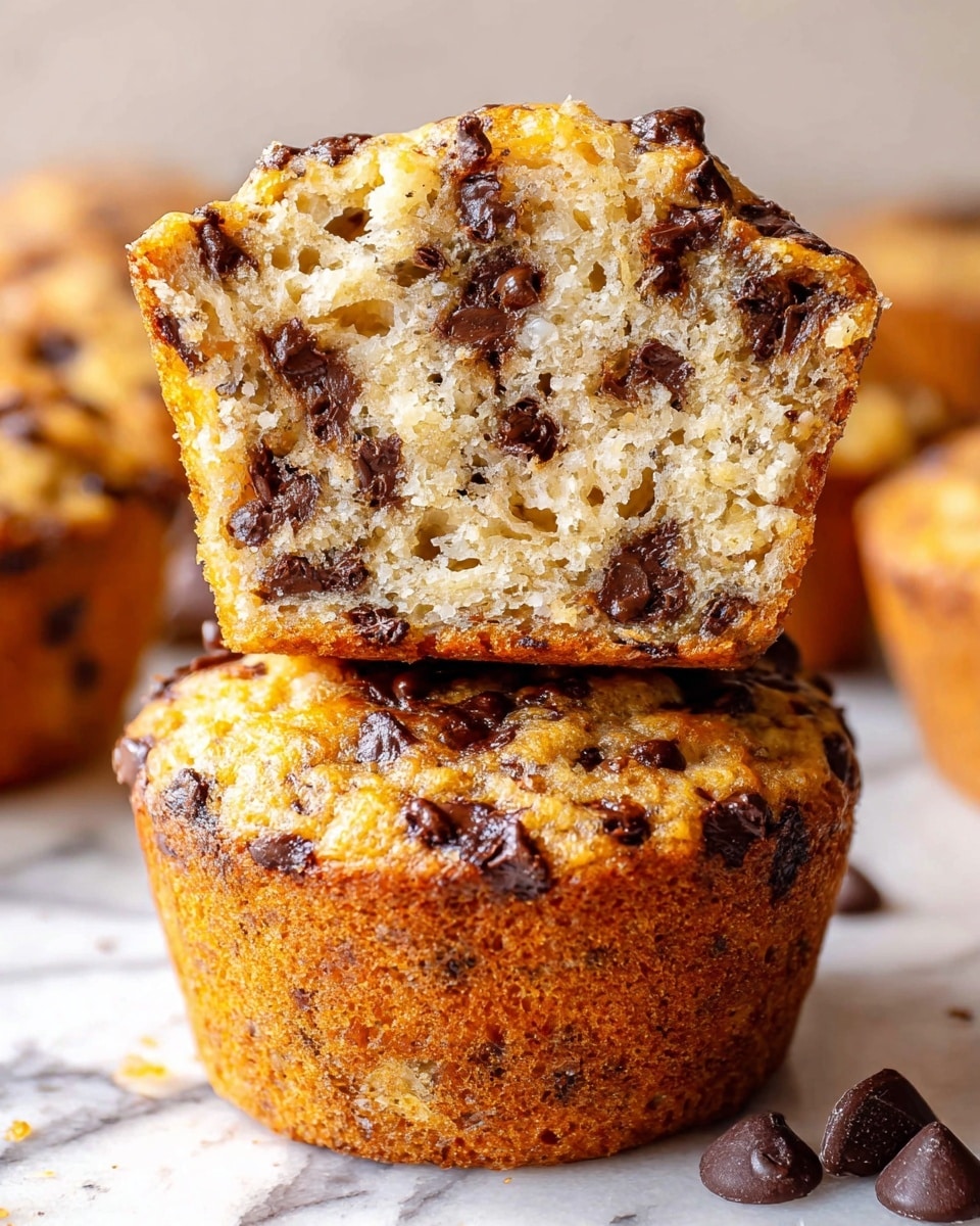 The image shows a close-up of a golden-brown muffin with a rough, crumbly texture, studded with dark chocolate chips scattered throughout the surface. The muffin has a slightly raised, rounded top with small cracks and visible oat flakes mixed into the batter, giving it a rustic look. More muffins with the same texture and color are softly blurred in the background around it. A few loose, dark chocolate chips are scattered on the white marbled surface near the front muffin, adding extra detail to the scene. The lighting highlights the warm colors and textures of the muffin clearly. Photo taken with an iphone --ar 4:5 --v 7
