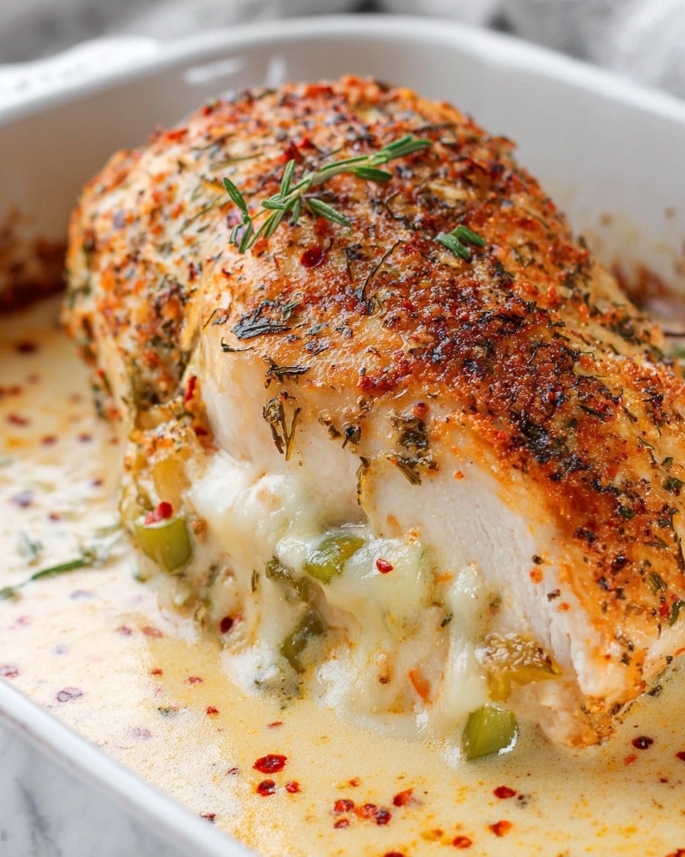 Two baked chicken breasts lie in a white dish on a white marbled surface, each breast thickly coated on top with a mix of red and black spices, dried herbs, and crushed red pepper flakes. The chicken is stuffed with a creamy filling visible at the sides, made of melted cheese and bits of green vegetables, oozing slightly onto the dish. The chicken’s texture is crispy and golden on top with a moist, soft interior. The photo is close-up, emphasizing the details of the spices and creamy filling. Photo taken with an iphone --ar 4:5 --v 7