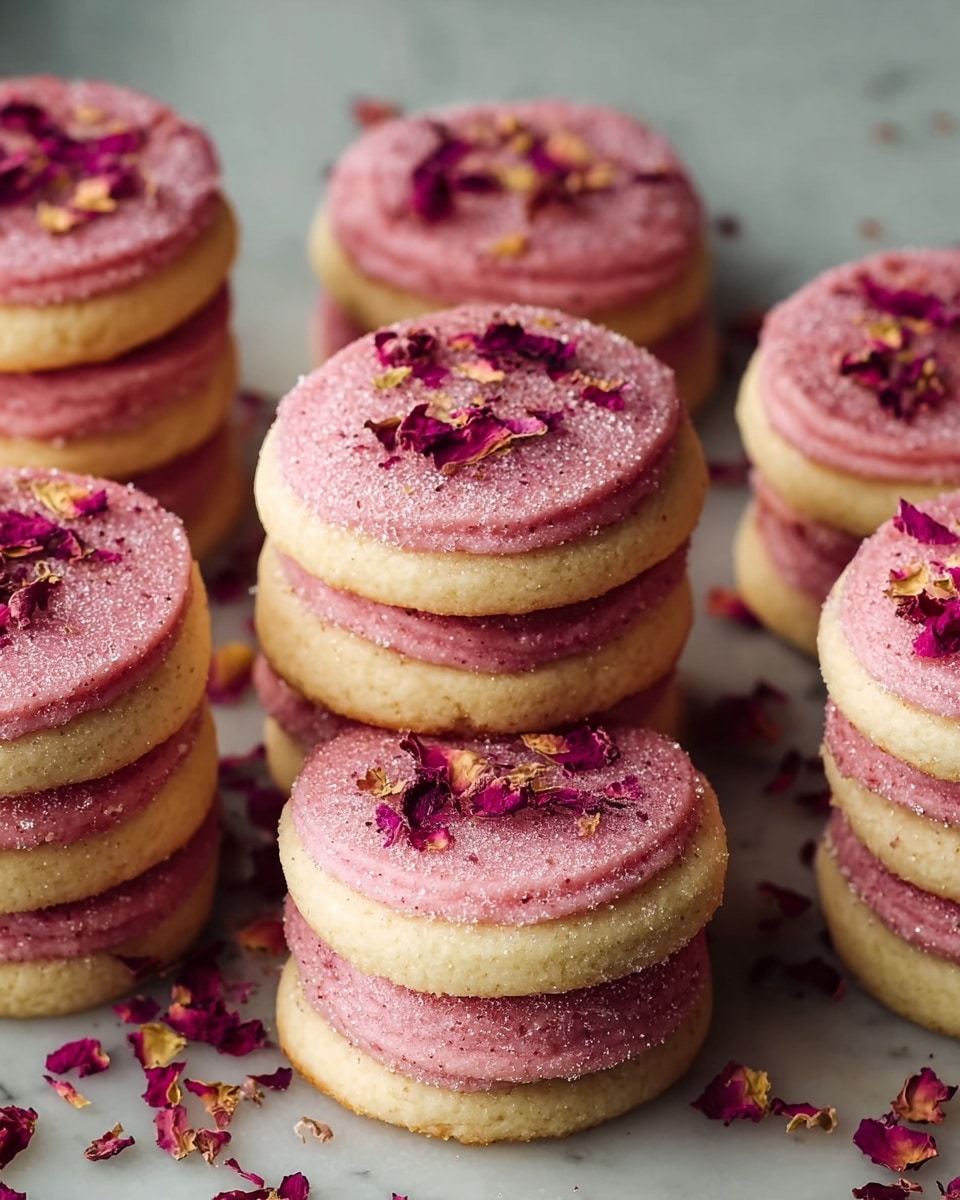 The image shows several stacks of small round cookies with two layers each: a pale yellow base cookie and a thick layer of pink frosting on top. The frosting has a grainy texture with a dusting of sugar, and is decorated with dried rose petals scattered on the surface. Each stack has two cookies separated by pink frosting, creating three visible layers per stack. The cookies are placed closely together on a white marbled surface, with some loose dried rose petals scattered around. The lighting is soft, highlighting the texture of the frosting and the delicate petals, giving a warm, inviting look. Photo taken with an iphone --ar 4:5 --v 7