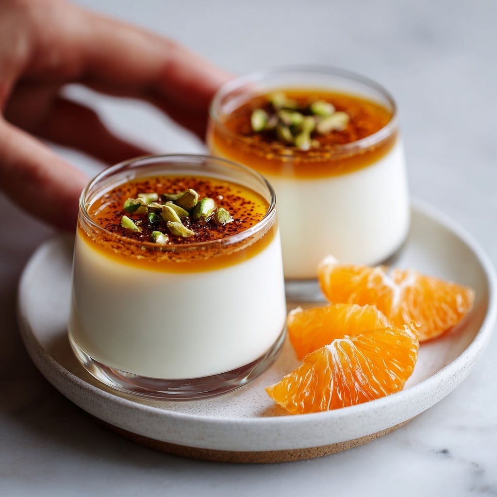 The image shows two clear glass cups of panna cotta dessert placed on a white plate with a white marbled surface. Each cup has three visible layers: a bottom amber honey layer, a thick middle white creamy panna cotta layer, and a thin top layer sprinkled with brown cardamom powder or topped with whole green cardamom pods. Around the plates are thin orange slices adding a fresh look, and in one image, a woman's hand is slightly touching the plate. The contrast between the smooth creamy white layer and the golden honey layer gives the dessert a delicate, elegant appearance. photo taken with an iphone --ar 4:5 --v 7