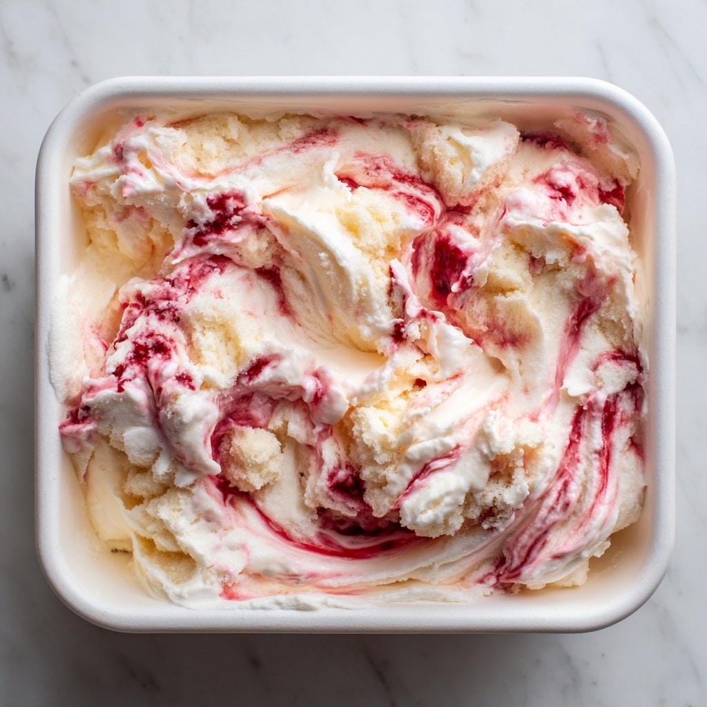 This image shows a creamy dessert with multiple layers mixed together in a white container. The dessert has soft beige cake chunks spread unevenly throughout, surrounded by thick white and light pink whipped cream layers swirled with bright red strawberry sauce. The textures look fluffy and smooth with some rough, crumbly bits from the cake peeking through. The colors blend into each other with the white cream creating soft borders around the pink and red swirls. The close-up shot highlights the creamy, rich, and fruity elements all mixed in one container on a white marbled surface photo taken with an iphone --ar 4:5 --v 7