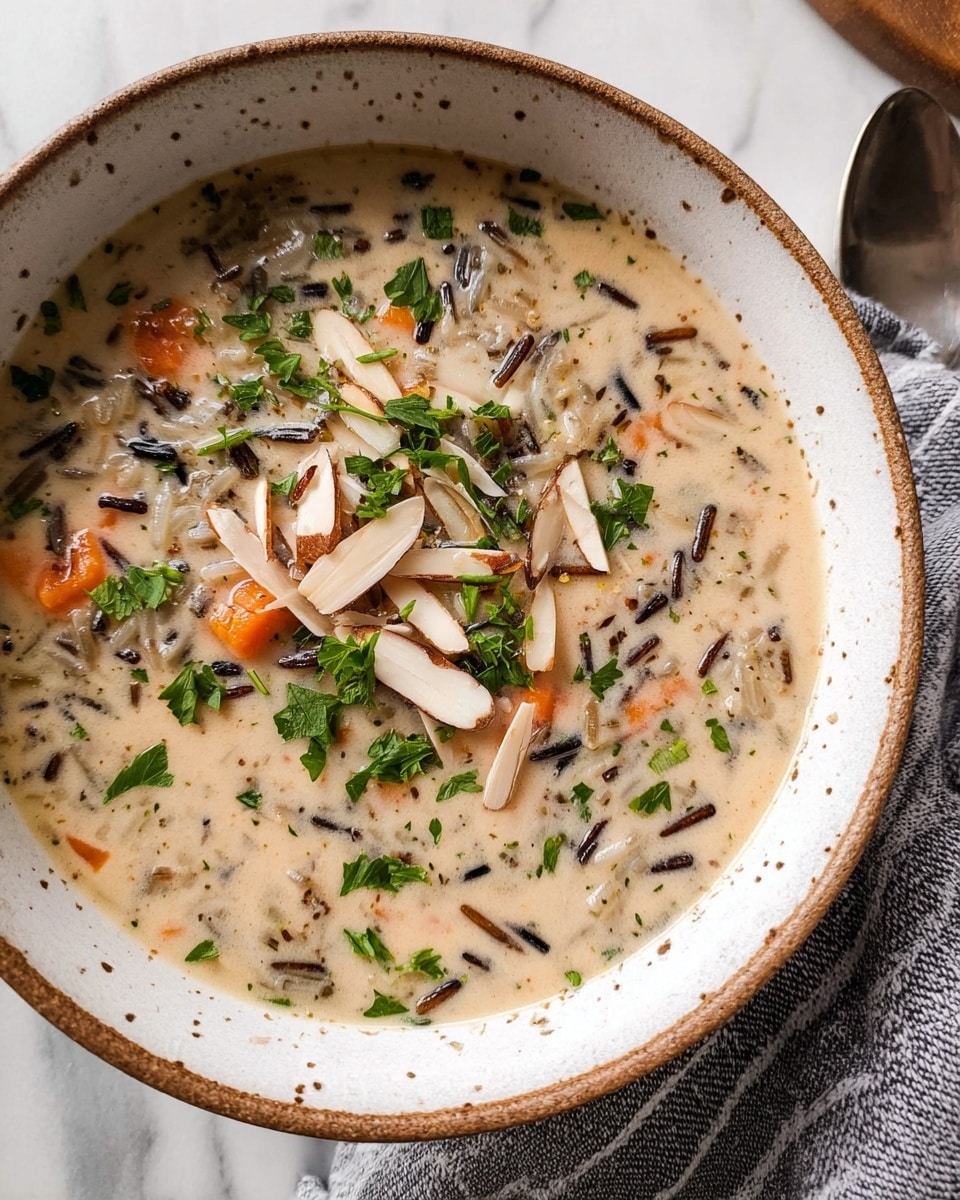 A white bowl filled with thick creamy soup with visible pieces of brown wild rice, light orange carrot slices, and small green herb bits scattered throughout. The surface is topped with more chopped green herbs and thin, pale slivers of sliced almonds. The bowl sits on a white marbled surface next to a gray and white striped cloth and a wooden container holding more sliced almonds. Photo taken with an iphone --ar 4:5 --v 7