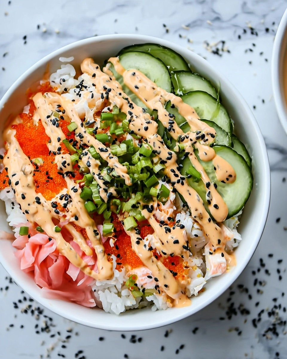 A white bowl filled with a sushi rice base, topped with three main layers: the left layer has small bright orange fish roe scattered over white rice, the middle layer consists of sushi rice topped with black sesame seeds and chopped green onions, and the right layer features neatly sliced light green avocado pieces fanned out. Drizzled over the middle layer is a light orange creamy sauce, adding texture and color contrast. The bowl sits on a white marbled surface with a white small bowl containing light brown sauce and a pair of black chopsticks placed nearby. Photo taken with an iphone --ar 4:5 --v 7