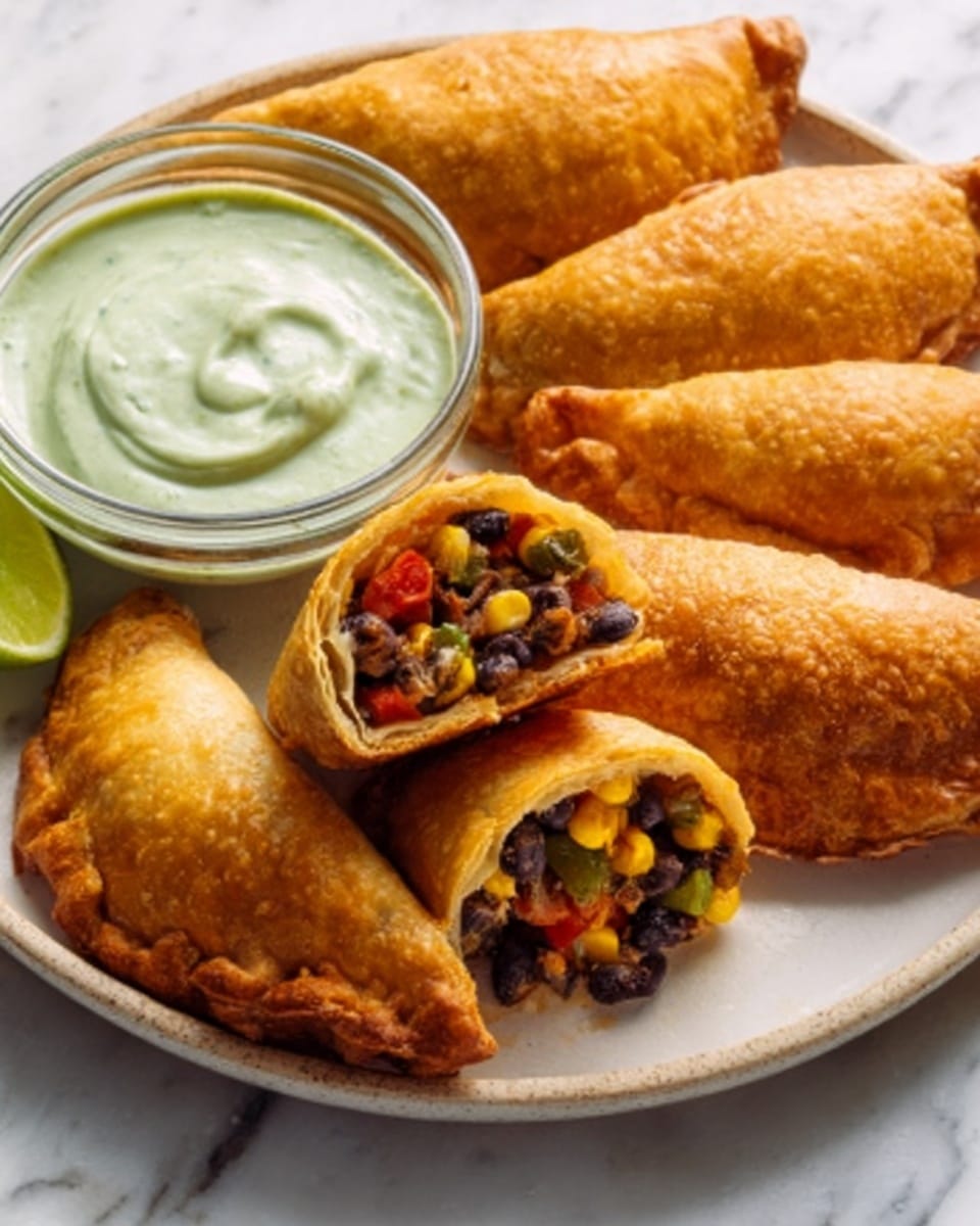 The image shows several golden brown stuffed flatbreads with crispy edges and a soft, slightly puffed texture. Each flatbread is cut to reveal a filling made of colorful layers including dark green spinach leaves, vibrant yellow corn kernels, and brown cooked mushrooms mixed with spices. One piece is held by a woman's hand dipping into a small white bowl of creamy white sauce sprinkled with green herbs. The flatbreads surround the bowl on a white wooden tray, and there is a white plate with another flatbread in the background on a white marbled surface. The colors are warm and inviting with a focus on the fresh vegetable filling inside the pastries. Photo taken with an iphone --ar 4:5 --v 7