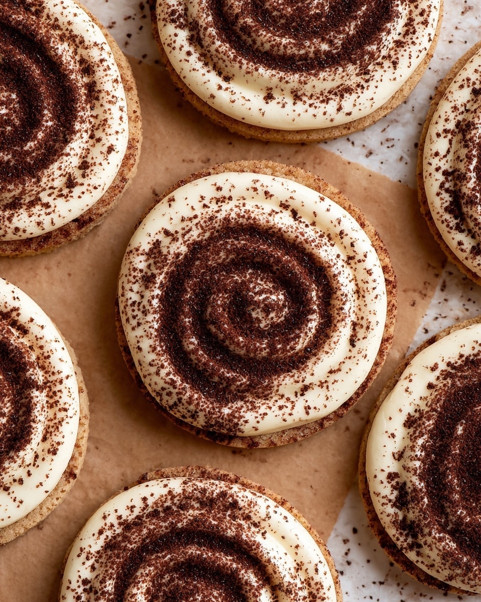 The image shows several round cookies with two main layers. The bottom layer is thick and brown with a crumbly, textured look. The top layer is a creamy white frosting swirled in a spiral pattern, dusted evenly with dark brown cocoa powder. One cookie in the center has a bite taken out, revealing the soft inside of the top cream and the thick cookie base. The cookies are placed on a light brown surface next to a white marbled texture. The overall look is close and detailed, highlighting the contrast between the smooth cream and the crumbly base. photo taken with an iphone --ar 4:5 --v 7