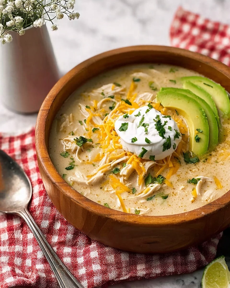 A wooden bowl filled with creamy chicken soup showing visible shredded white chicken pieces in a light beige broth, topped with a generous layer of shredded yellow cheese and a dollop of white sour cream sprinkled with finely chopped green herbs. On one side of the bowl, there are two thick slices of green avocado and a small wedge of lime. The bowl sits on a red and white checkered cloth on top of a white marbled surface. To the left, a silver spoon lies nearby, and in the background there is a white vase with small white flowers. photo taken with an iphone --ar 4:5 --v 7
