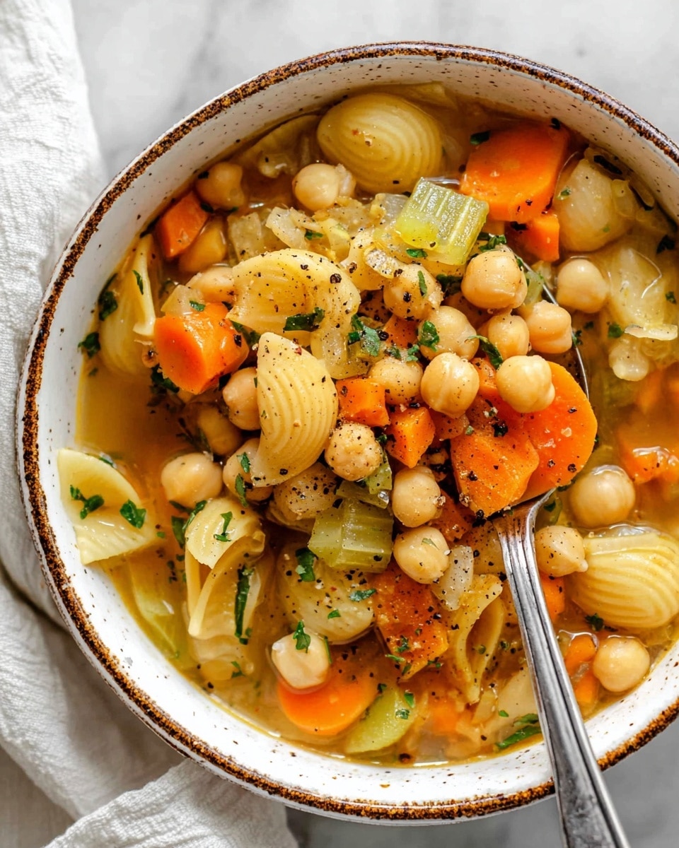 A white bowl filled with a vegetable pasta soup showing three main layers: the bottom layer is a light golden broth, the middle layer holds chunky pieces of orange carrots, light green celery, and small beige chickpeas, and the top layer features pale yellow shell pasta and scattered green parsley bits, all sprinkled with black pepper. A silver spoon holds a mix of these ingredients slightly above the soup on the right side of the bowl. The bowl sits on a white marbled surface next to a white cloth. photo taken with an iphone --ar 4:5 --v 7