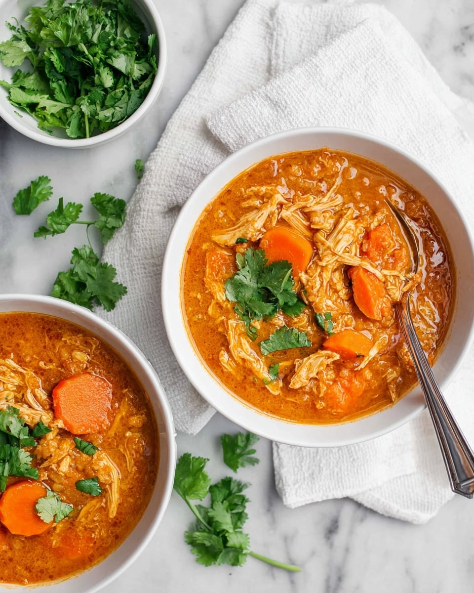 A white bowl filled with a thick orange soup containing visible shredded chicken pieces and round carrot slices mixed throughout. Fresh green cilantro leaves are placed on one side of the soup's surface, providing a bright contrast. A silver spoon rests in the bowl, partially submerged in the soup. The bowl is set on a white marbled surface with a textured grey cloth nearby. Photo taken with an iphone --ar 4:5 --v 7