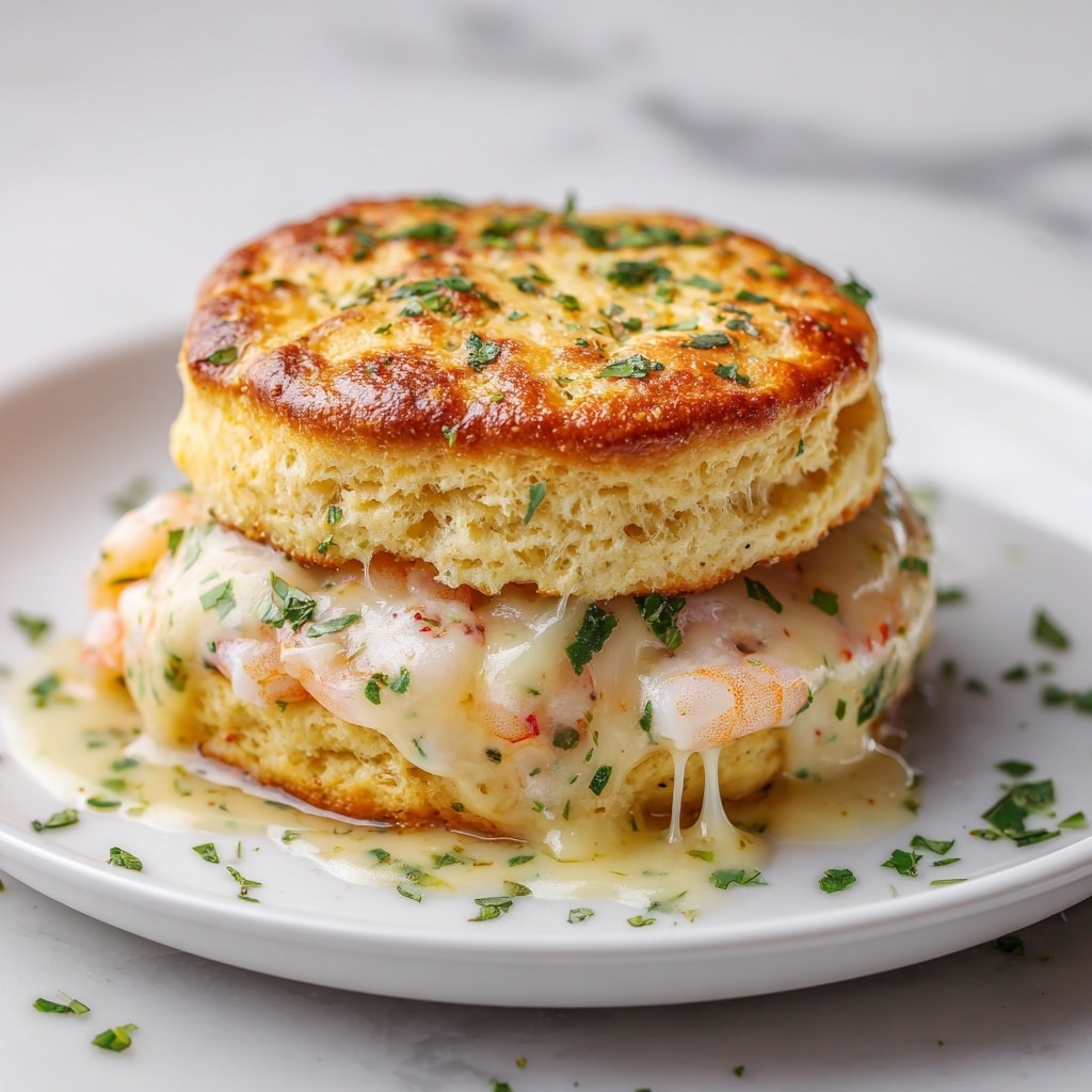 The image shows a biscuit sandwich placed on a white plate with a white marbled surface in the background. The sandwich has three main layers: the top layer is a golden brown biscuit with a slightly crispy texture and small green herb pieces sprinkled on top; below that is a layer of melted white cheese mixed with small pink shrimp, with the cheese melting and oozing around the shrimp, creating a glossy texture; the bottom layer is another golden biscuit similar to the top one, also dotted with some herbs. There are extra green herb pieces scattered around the plate for decoration. photo taken with an iphone --ar 4:5 --v 7