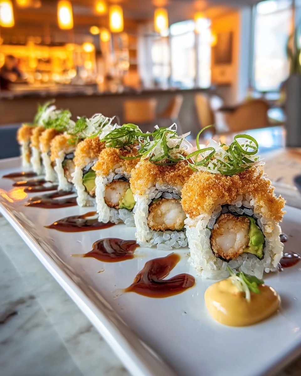 A row of eight sushi rolls sits on a long white rectangular plate, each roll showing three main layers: a center of white rice with avocado and orange fish roe inside, a crispy golden-brown fried coating outside the rice, and a dark brown sauce drizzled on top. Each roll is topped with thin, bright green seaweed strands and some light, fluffy, pale beige flakes. The plate is decorated with alternating streaks of dark brown and bright orange sauces under the sushi. The whole scene is set on a white marbled texture surface with a softly blurred kitchen background. photo taken with an iphone --ar 4:5 --v 7