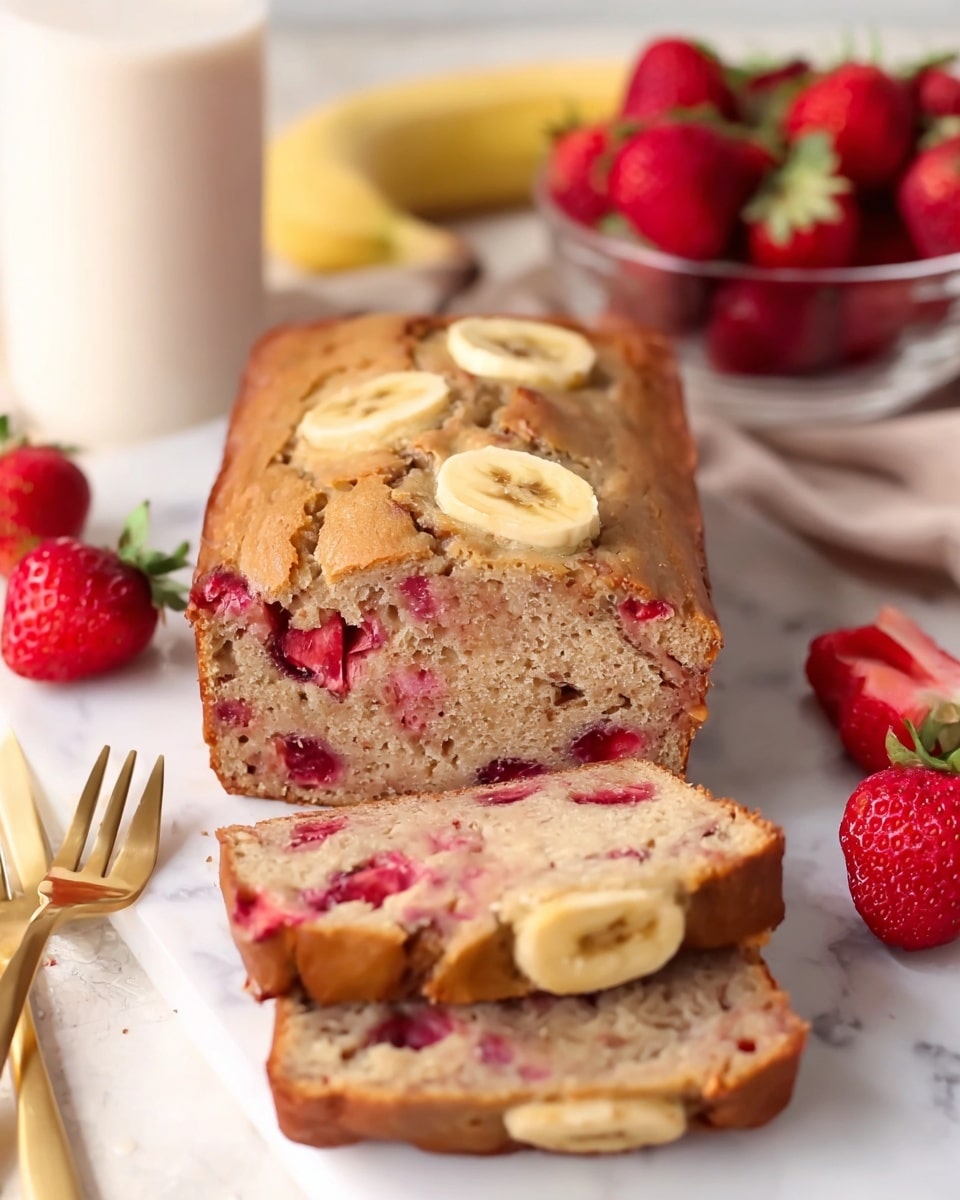 A loaf of fruit bread is shown on a white marbled surface, with three slices cut at the front, revealing a soft, light brown interior dotted with red strawberry pieces and some darker spots likely from other fruits. The top layer of the loaf is golden brown with two visible slices of banana baked in, showing yellow and brown tones. Around the bread are slices of fresh strawberries and bananas, adding bright red and pale yellow colors to the scene. A white jar filled with milk and a gold fork are placed behind the loaf, along with a clear bowl of whole strawberries, creating a fresh and inviting breakfast setting. photo taken with an iphone --ar 4:5 --v 7