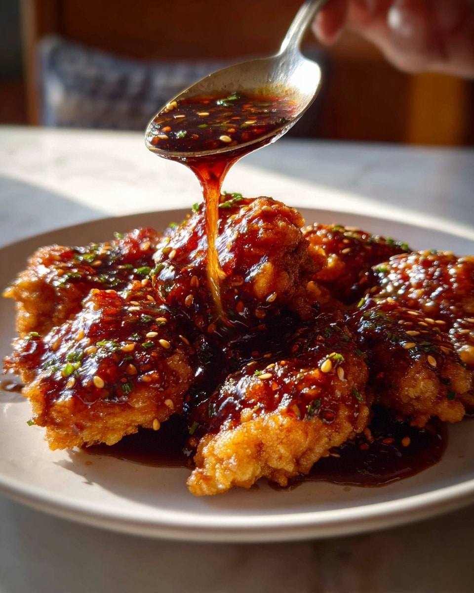 Pieces of crispy fried chicken are arranged closely on a white plate, each piece coated with a thick, shiny dark red sauce with visible sesame seeds and small green herb flakes. A silver spoon is held above the chicken by a woman's hand, dripping extra sauce onto the top, adding glossy texture and depth. The fried coating beneath the sauce is golden and crunchy, giving a contrast to the smooth sticky sauce layer. The scene is lit warmly, showing soft shadows on the white marbled surface beneath the plate. photo taken with an iphone --ar 4:5 --v 7