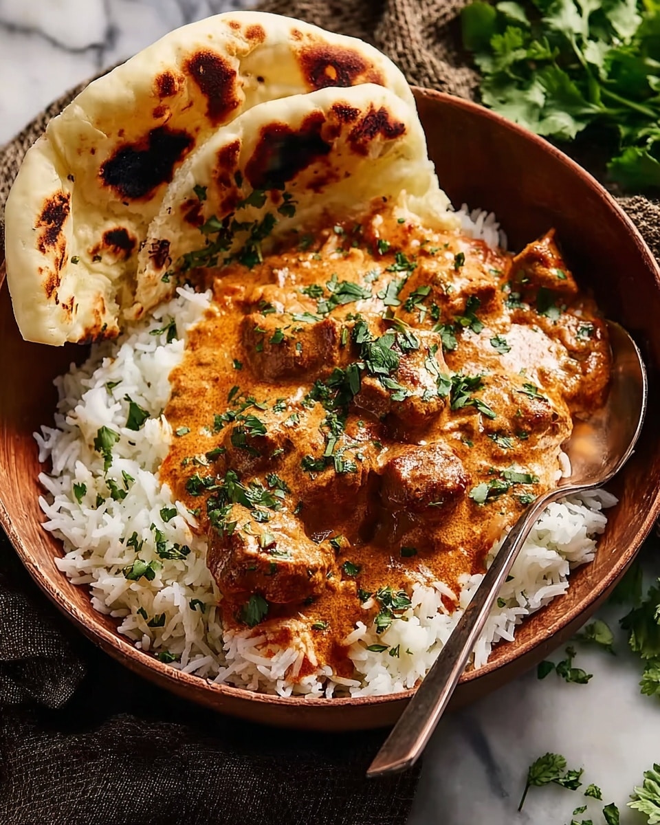 A round brown bowl holds a serving of white rice that forms the first layer, fluffy and separate grains visible; on top, an orange-brown creamy sauce with chunks of tender meat makes the second layer, sprinkled with fresh green chopped herbs. To the side, a piece of toasted naan bread with dark charred spots leans against the rice. A spoon rests in the bowl. The bowl is placed on dark fabric with fresh green herbs scattered nearby, all set on a white marbled texture. Photo taken with an iphone --ar 4:5 --v 7