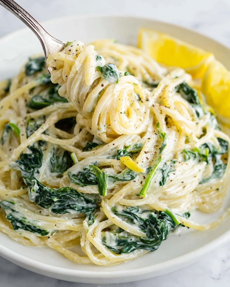 The image shows a close-up of creamy spaghetti with spinach served on a white plate, placed on a white marbled surface. The pasta is twisted into three small nests, covered in a thick creamy white sauce mixed with dark green spinach leaves, creating a smooth texture contrast. On the side of the plate are two bright yellow lemon wedges, adding a pop of color. A silver fork is inserted into the pasta on the right side, slightly lifting some spaghetti, and the background is softly blurred with a couple of lemon wedges visible. Photo taken with an iphone --ar 4:5 --v 7