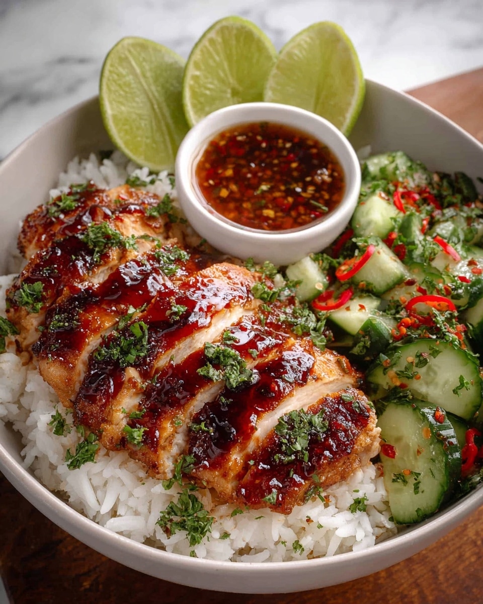 A white bowl filled with a base layer of white steamed rice, topped with a sliced grilled chicken breast glazed with a shiny, dark brown sauce and sprinkled with chopped green herbs and red chili slices; on the right side, there is a layer of chopped cucumbers mixed with green herbs and red chili pieces, while at the back, three lime wedges sit beside a small white bowl holding a dark, chunky dipping sauce. The bowl sits on a white marbled textured surface. photo taken with an iphone --ar 4:5 --v 7
