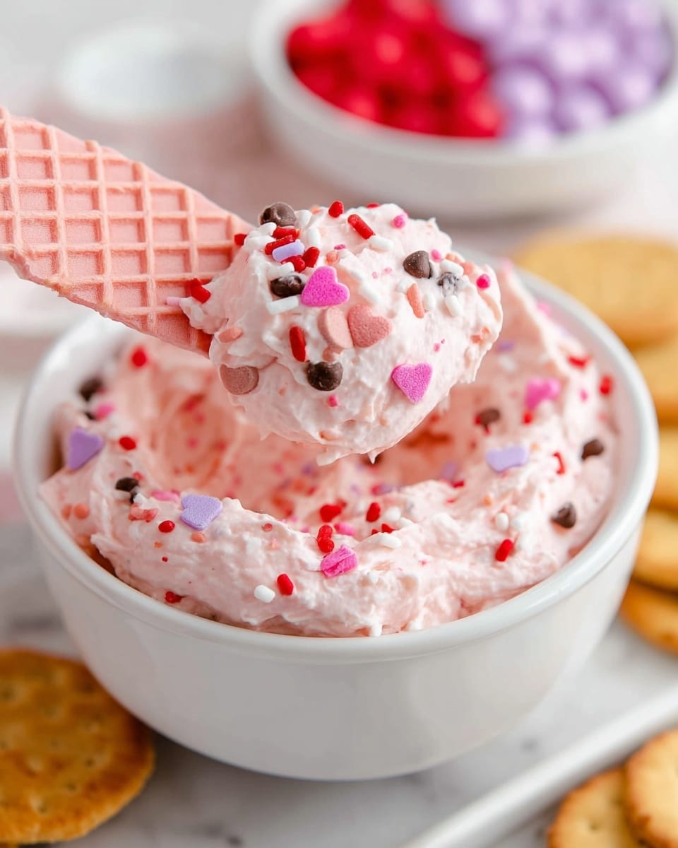 A close-up shot of a white bowl filled with fluffy pale pink whipped cream mixed with small dark chocolate chips and colorful sprinkles in red, pink, purple, and white scattered throughout. The creamy mixture has a light, soft texture with swirls, and more sprinkles are visibly sitting on top. In the background, there is a pink scalloped bowl holding more pink and red candy pieces on a white marbled surface, along with a white plate holding several golden brown round cookies. photo taken with an iphone --ar 4:5 --v 7