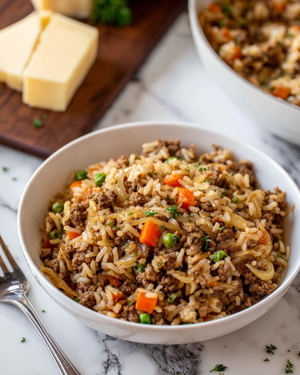 A close-up image of a deep white skillet filled with a cooked mixture of ground meat, rice, diced carrots, peas, and onions, showing a rich brown and orange color mix with green pea highlights. On top, a woman's hand is sprinkling shredded pale yellow cheese in the center of the skillet. The skillet rests on a wooden surface with a white marbled texture in the background. Behind the skillet, there are two bottles—one with olive oil and the other a dark sauce—alongside fresh green parsley, a white bowl filled with shredded cheese, and a white cloth with brown stripes. photo taken with an iphone --ar 4:5 --v 7