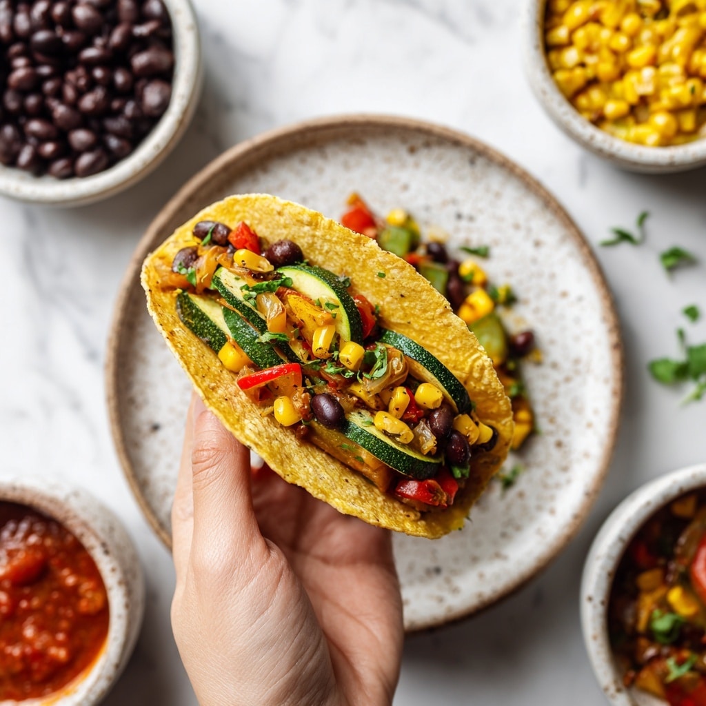 The image shows a close-up of a taco held by a woman's hand above a white speckled plate. The taco shell is golden brown and filled with layers of roasted vegetables: green zucchini slices, yellow corn kernels, black beans, red bell pepper pieces, and some cooked onion strips, all mixed together with a hint of green herbs. Surrounding the plate on a white marbled surface are several small white speckled bowls, one containing black beans, another with red salsa, and another with more roasted corn and zucchini. Photo taken with an iphone --ar 4:5 --v 7