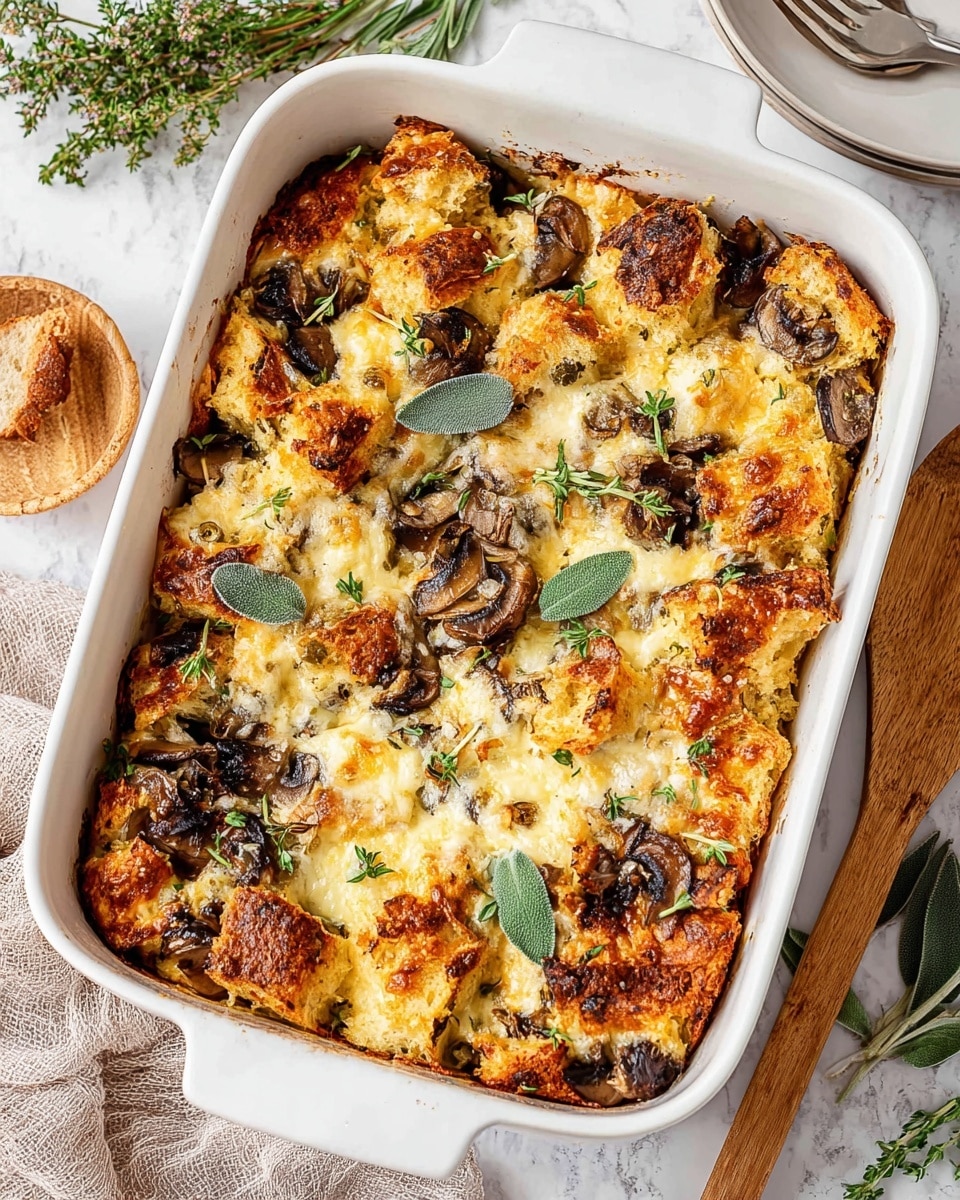 A white rectangular baking dish filled with a golden brown baked casserole with three main visible layers: the top layer is crispy browned cheese with some toasted spots, scattered fresh green herbs and whole sage leaves for garnish; beneath the cheese is a creamy layer mixed with small pieces of sautéed dark brown mushrooms; the bottom layer is made up of torn pieces of light golden bread soaked in the creamy mixture. The casserole is on a white marbled surface with a wooden spatula beside it and some fresh herbs and a white plate with a fork in the background. photo taken with an iphone --ar 4:5 --v 7